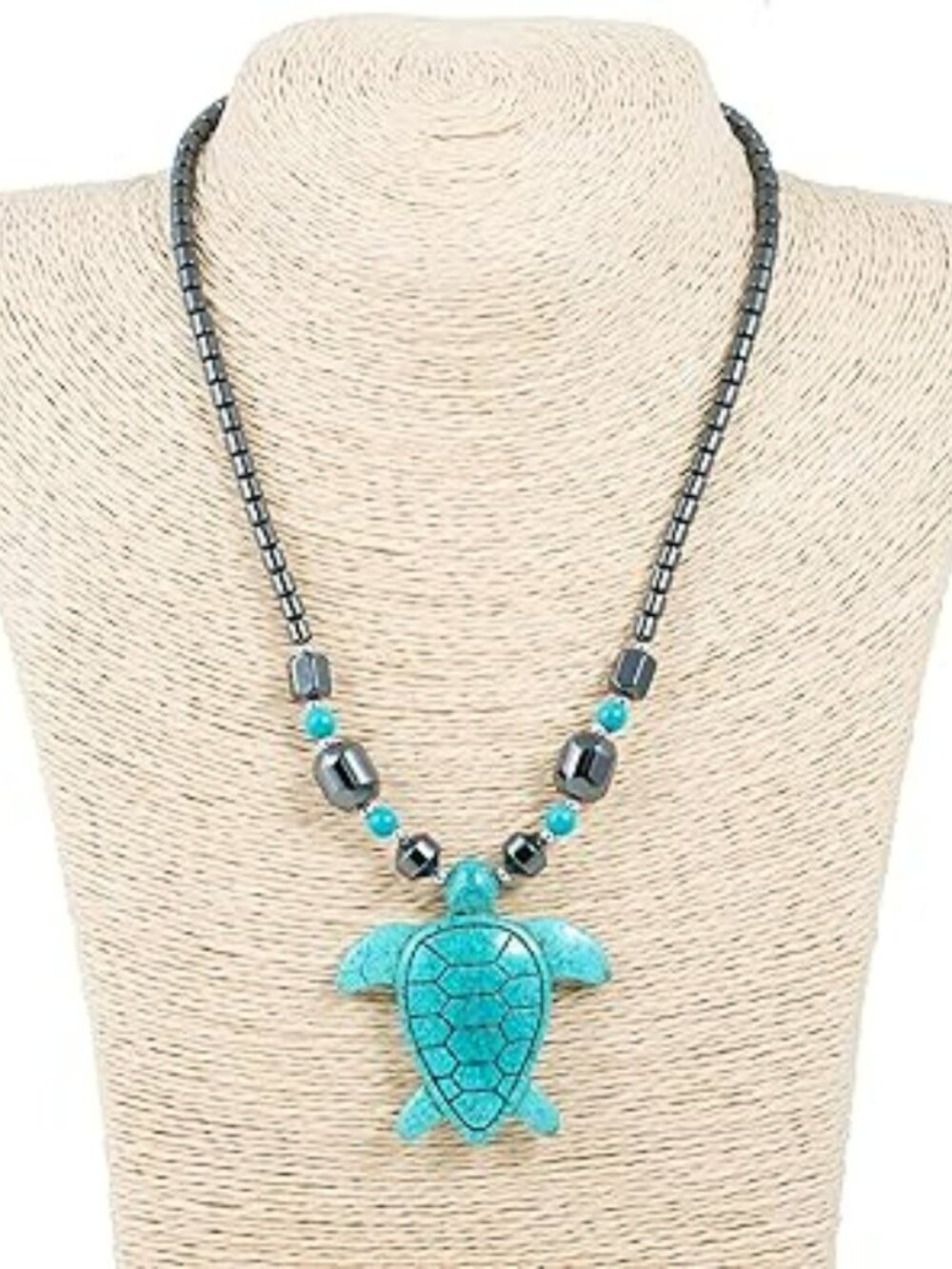 Turquoise Sea Turtle and Hematite Beads Necklace